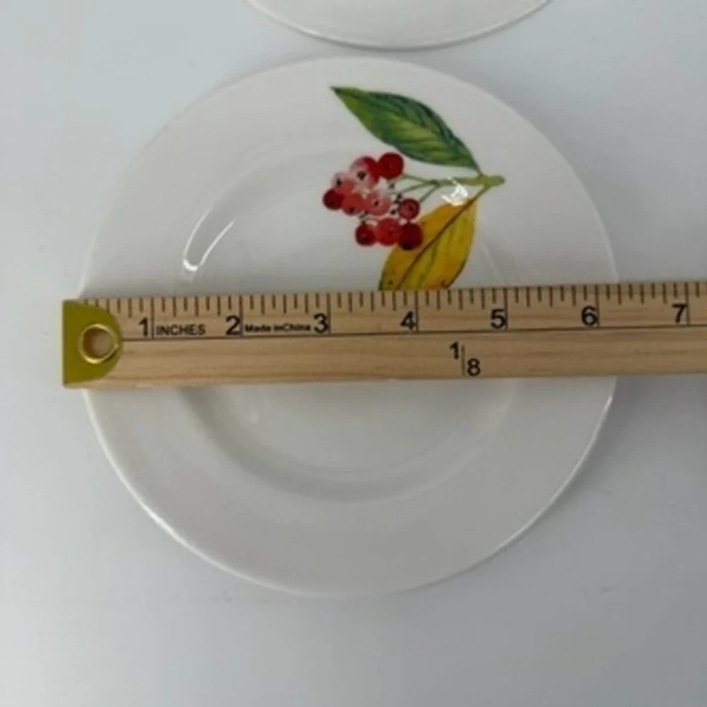 Crate & Barrel Mary Woodin Winter Berry Appetizer Plates Set of 6 White 6.25in